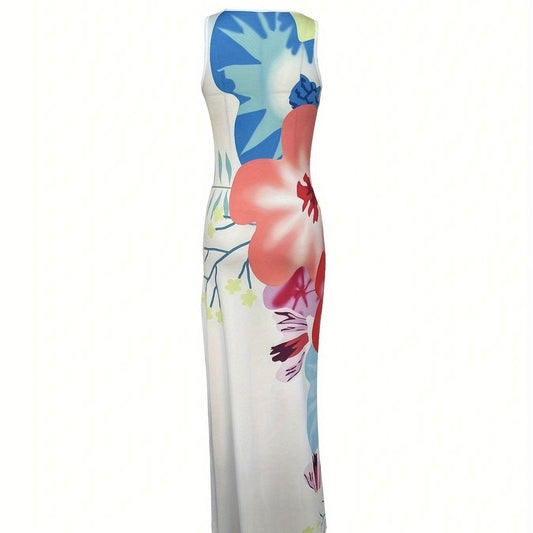 Ladies' V-Neck Floral Print Long Skirt - Thigh Slit & Figure-Hugging Fit - Buy Center US