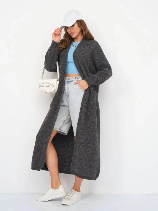 Women's Long Knitted Cardigan - Buckle-Free Loose Fit Coat, Solid Colors - Buy Center US