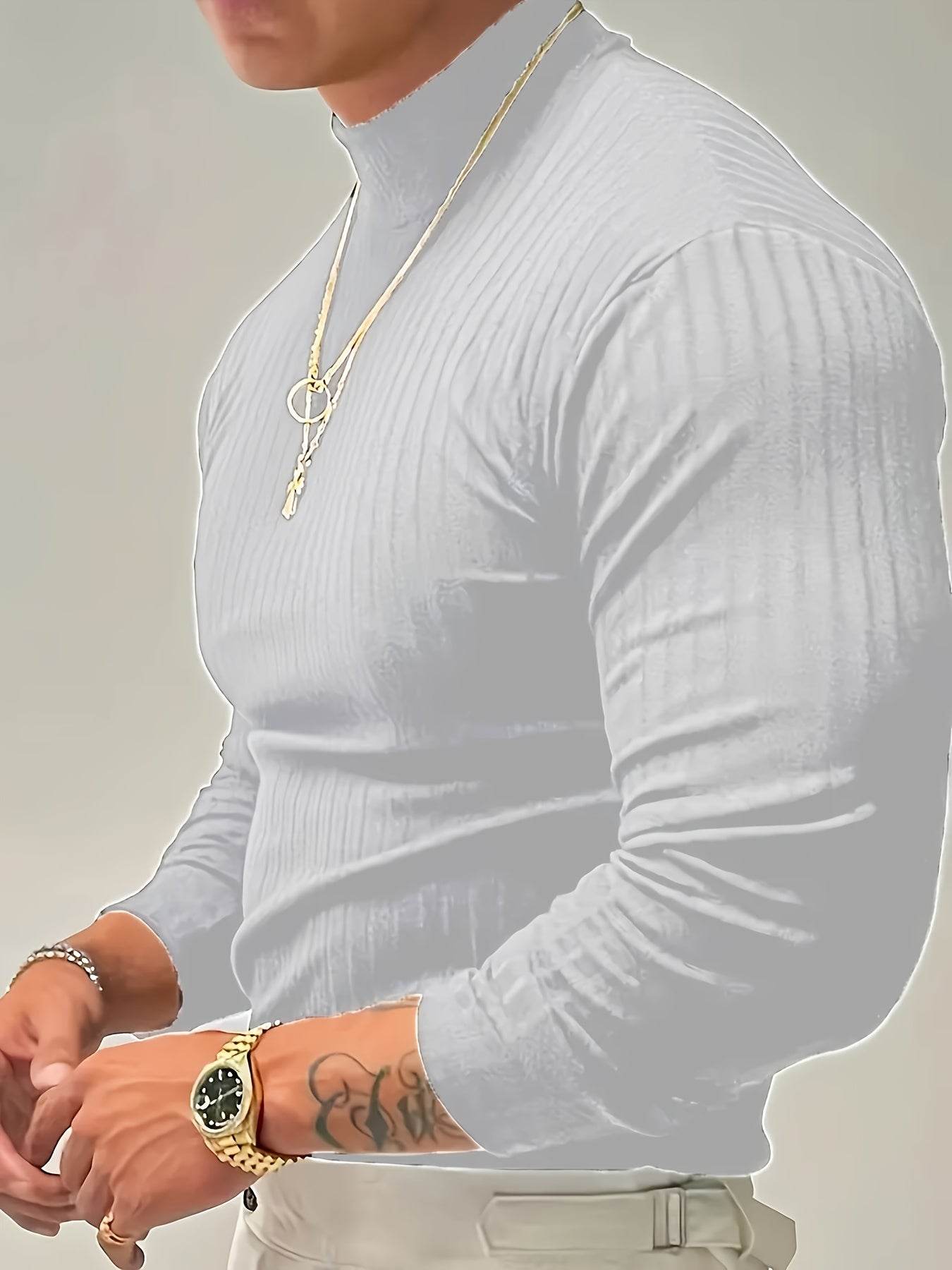 Solid Stripe Knit Turtle Neck T-shirt - Comfy Long Sleeve for Men's Fitness - Buy Center US