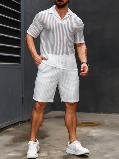 Men's Striped Crochet Knit Polo & Shorts Set - Casual Summer Vacay Style - Buy Center US