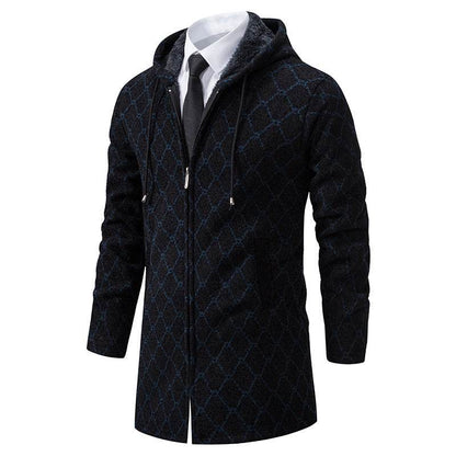 Buycenter Men's Casual Hooded Coat - Mid-Length Plaid Sweater Jacket - Buy Center US