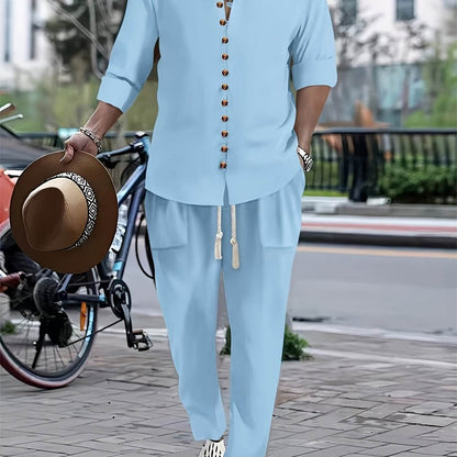 Men's Casual Cotton Linen V-Neck Shirt & Pants Set - Spring/Fall Fashion - Buy Center US