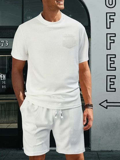 Casual Men's Sports Outfit - Waffle Henley T-Shirt & Stylish Beach Shorts - Buy Center US