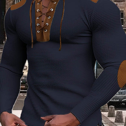 Men's Color Block Waffle Knit Henley Shirt - Breathable & Stylish Top - Buy Center US