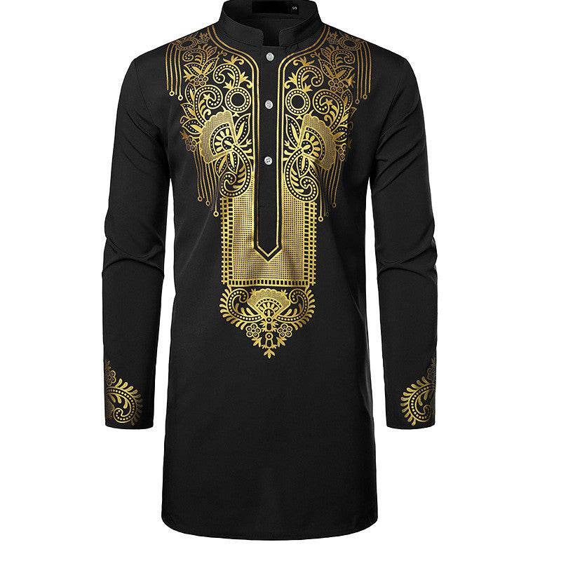 Buycenter Men's African Printed Long Shirt - Casual Style, Stand-Up Collar - Buy Center US