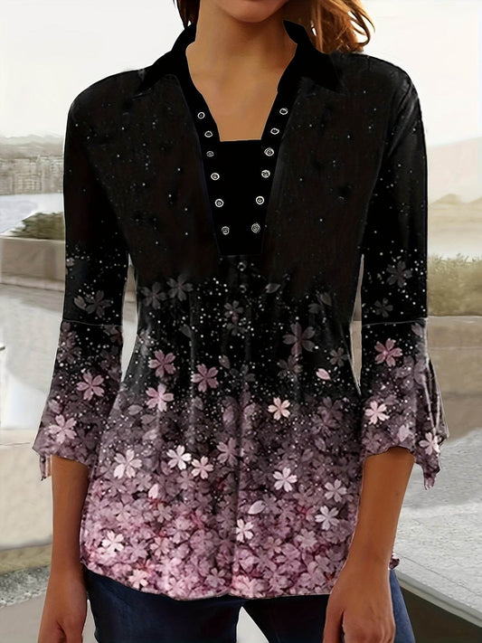 Spring & Autumn Printed Lapel T-Shirt - Three-Quarter Sleeve Button Top - Buy Center US