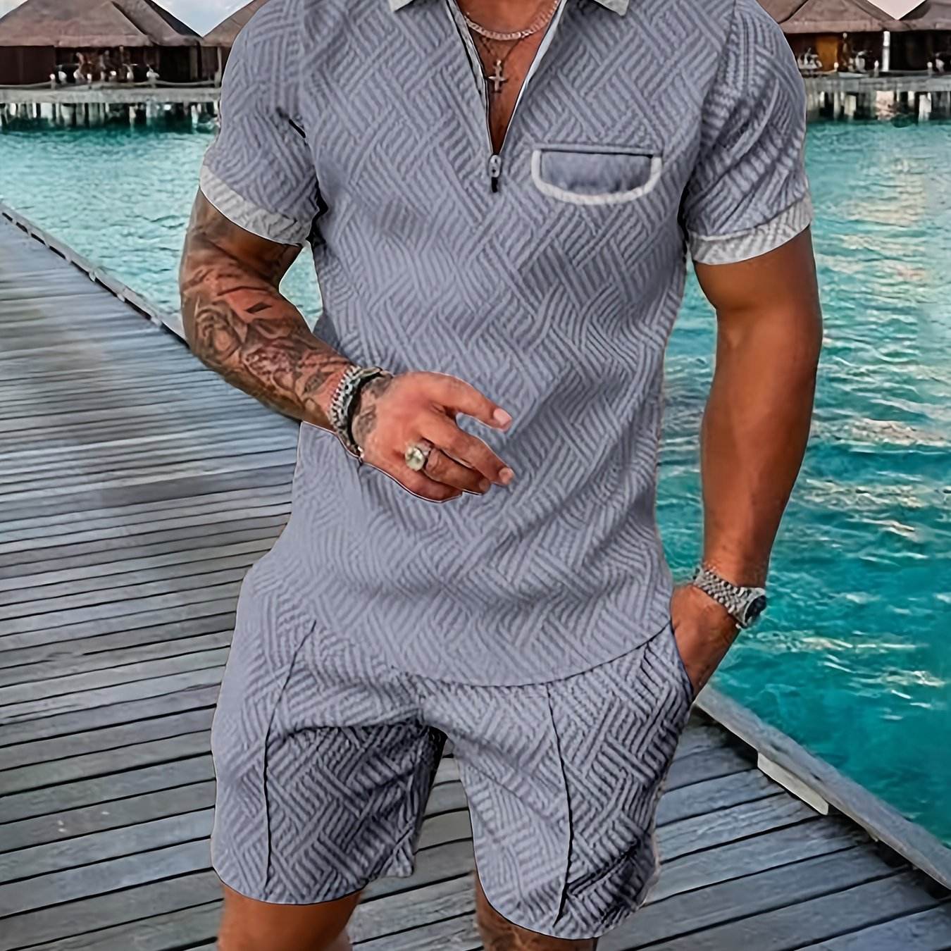 Men's Casual Knee-Length Kurta and Shorts Set - Breathable Polyester, Stylish - Buy Center US