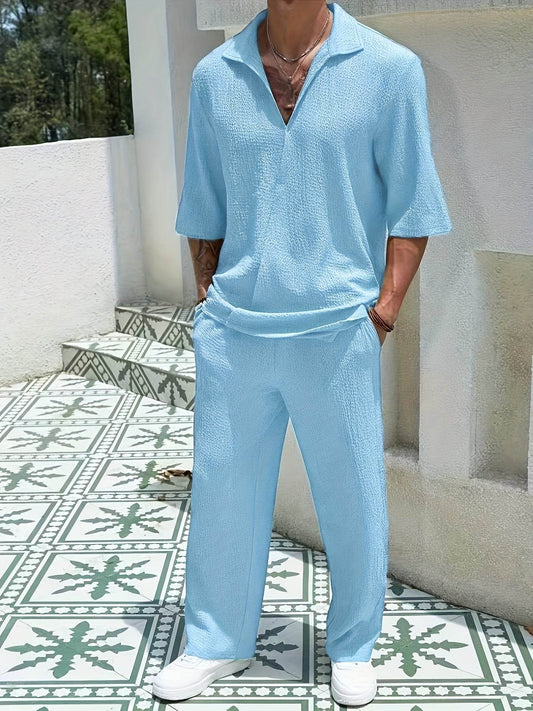 Men's Casual Summer T-Shirt & Pants Set - Light Blue V-Neck Style - Buy Center US