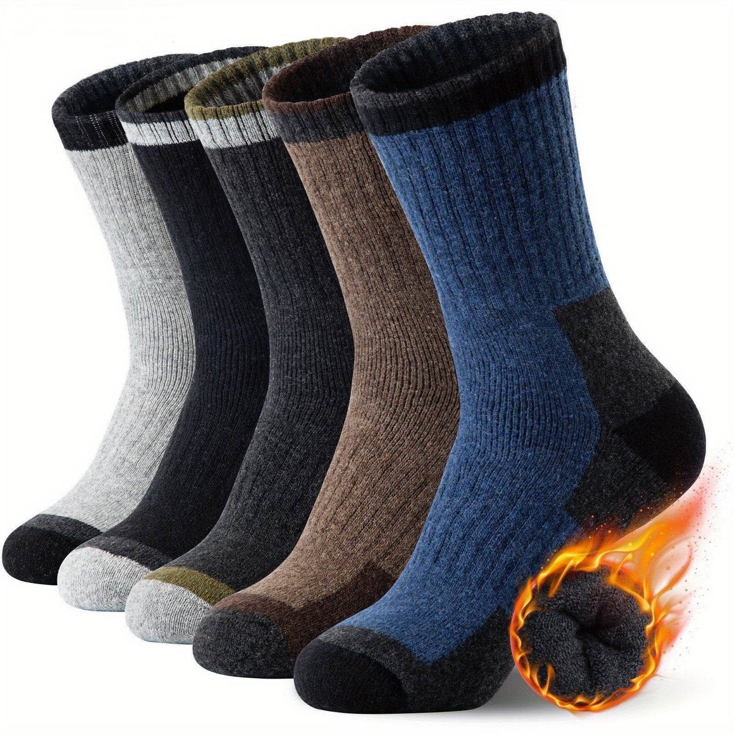 Buycenter Men's Wool Socks - Fleece Lined, Padded Warmth (5 Pairs) - Buy Center US