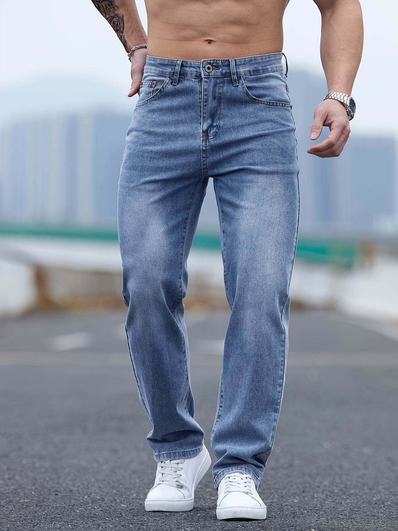 Men's Light Blue Washed Jeans - Relaxed Fit, High-Quality Cotton Blend - Buy Center US