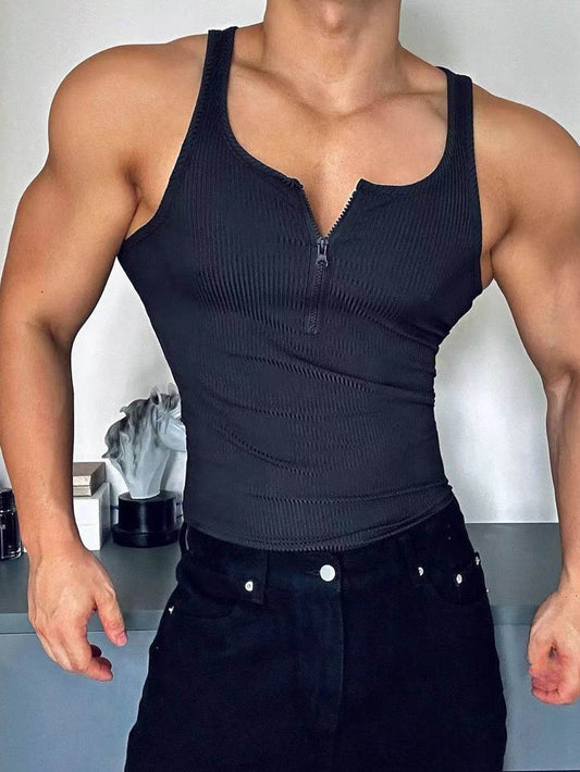 Men's Ribbed Zip-Up Tank Top - Breathable Activewear for Gym & Running - Buy Center US