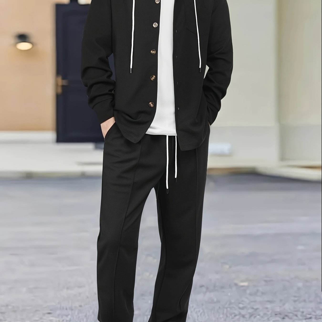 Men's Two-Piece Waffle Knit Set - Hooded Cardigan & Drawstring Pants - Buy Center US