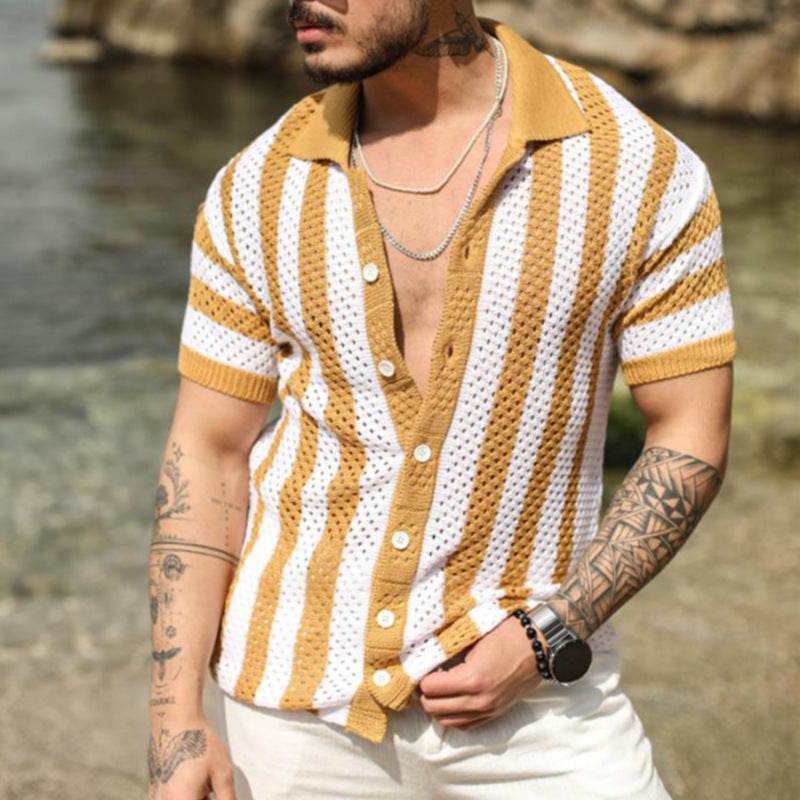 Men's Casual Loose Striped Polo Shirt – Short Sleeve, Ice Silk Fabric - Buy Center US