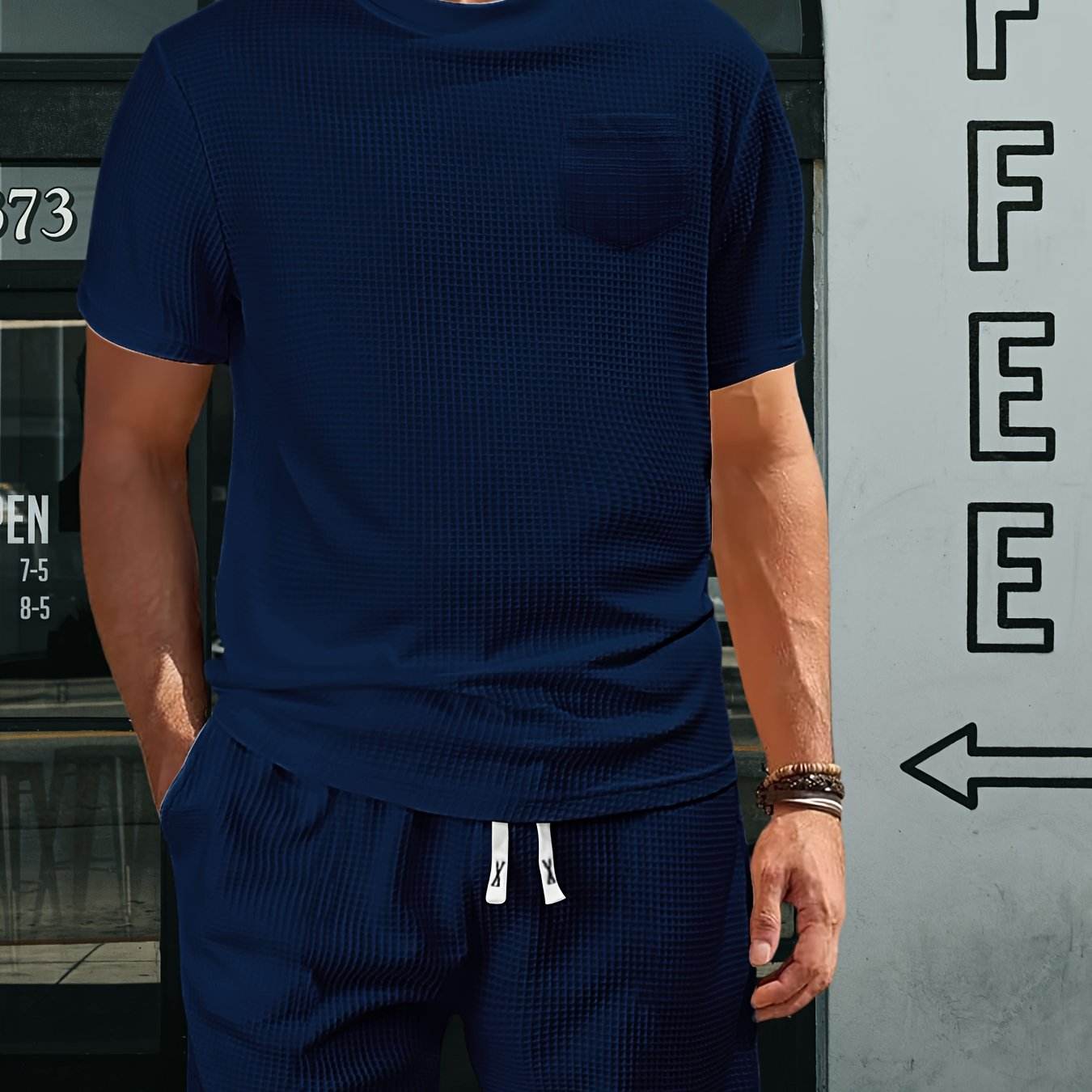 Casual Men's Sports Outfit - Waffle Henley T-Shirt & Stylish Beach Shorts - Buy Center US