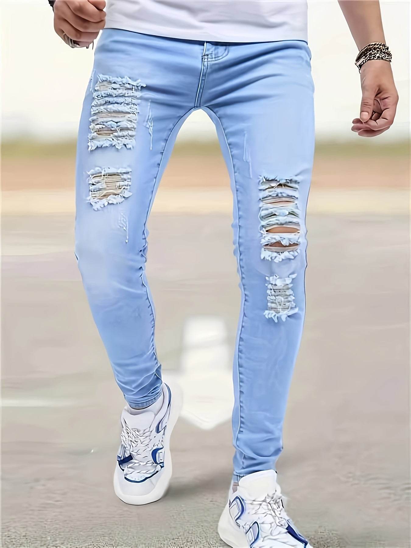 Men's Slim Fit Light Blue Washed Jeans - Stretch Denim for Spring/Fall - Buy Center US