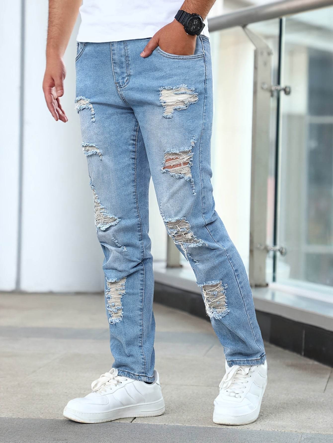 Gengyuanshi Men's Ripped Jeans - Slim Fit Street Style, Machine Washable - Buy Center US