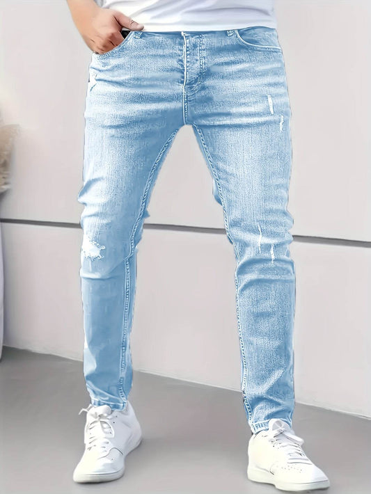 Men's Slim Fit Distressed Ripped Jeans - Light Blue Denim for Casual Style - Buy Center US