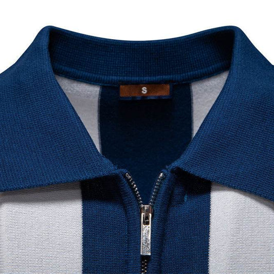 Men’s Short-Sleeved Woolen Polo Shirt - Striped Design in Dark Blue & Khaki - Buy Center US