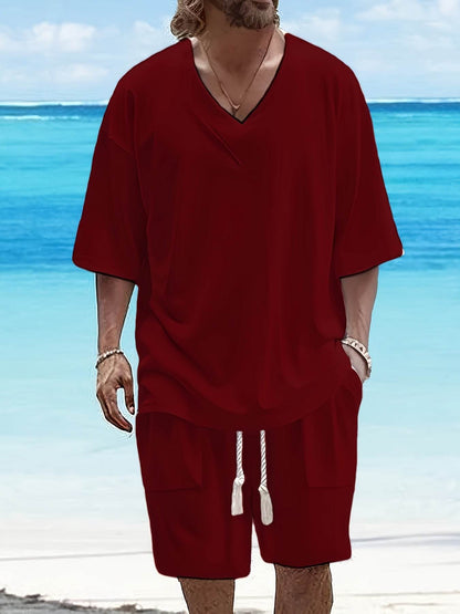 Summer Men's Casual V-Neck T-Shirt & Shorts Set - Trendy Polyester Outfit - Buy Center US