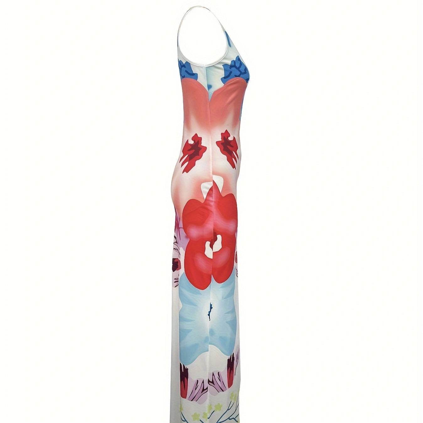 Ladies' V-Neck Floral Print Long Skirt - Thigh Slit & Figure-Hugging Fit - Buy Center US