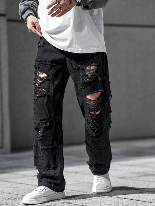 Urban Chic Men's Ripped Jeans - Loose Fit Wide Leg Design for Casual Wear - Buy Center US
