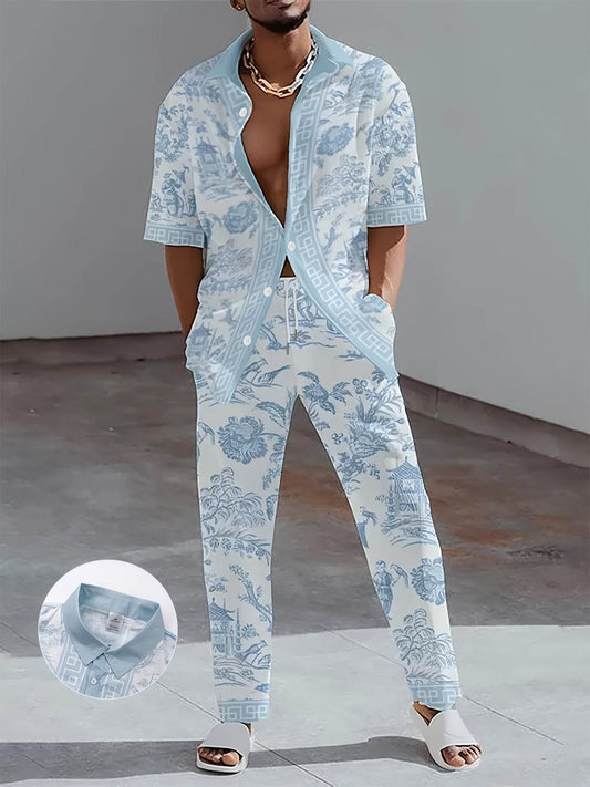 Men's Light Blue Floral Print Shirt & Pants Set - Casual All-Season Wear - Buy Center US