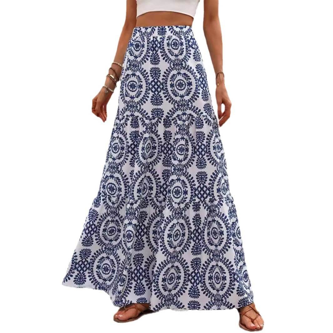 Stylish A-Line Swing Skirt - Blue and White Porcelain Print, Sizes S-XL - Buy Center US
