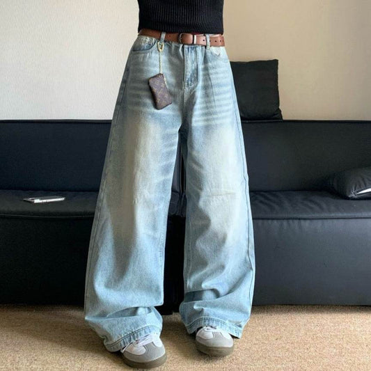 Men's Retro Washed Loose Straight Wide-leg Jeans - Mid Waist Denim - Buy Center US