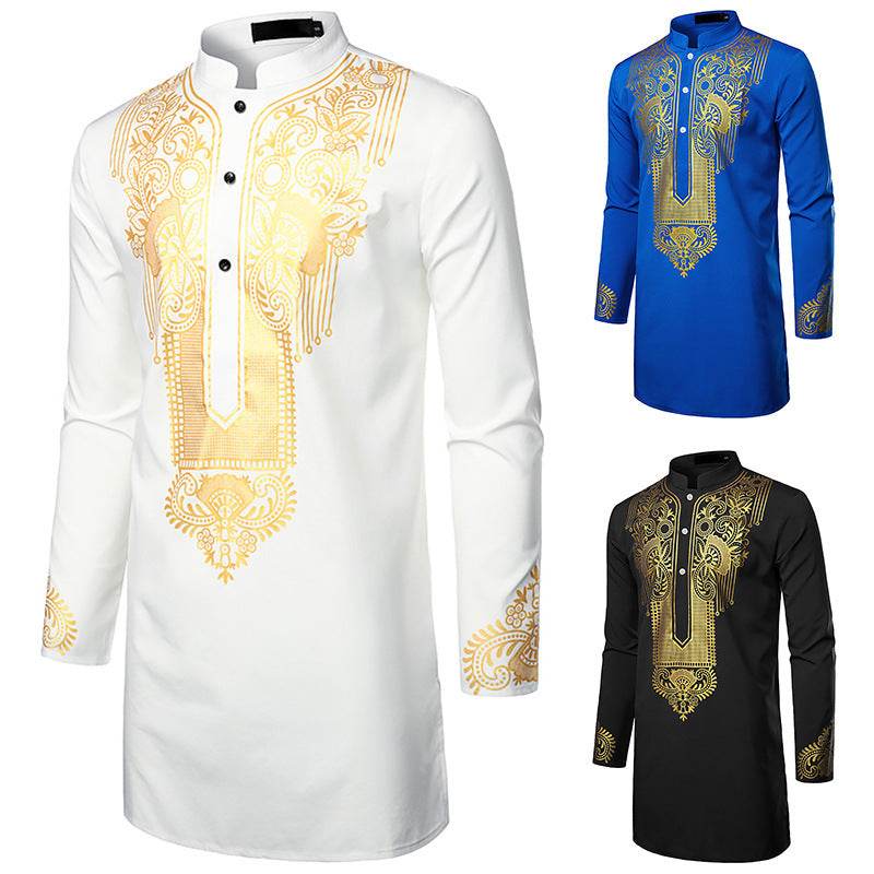 Buycenter Men's African Printed Long Shirt - Casual Style, Stand-Up Collar - Buy Center US