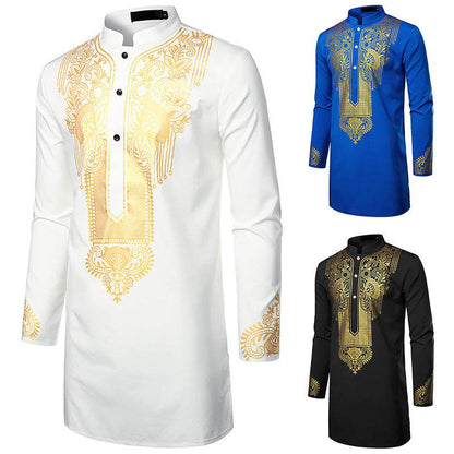 Buycenter Men's African Printed Long Shirt - Casual Style, Stand-Up Collar - Buy Center US