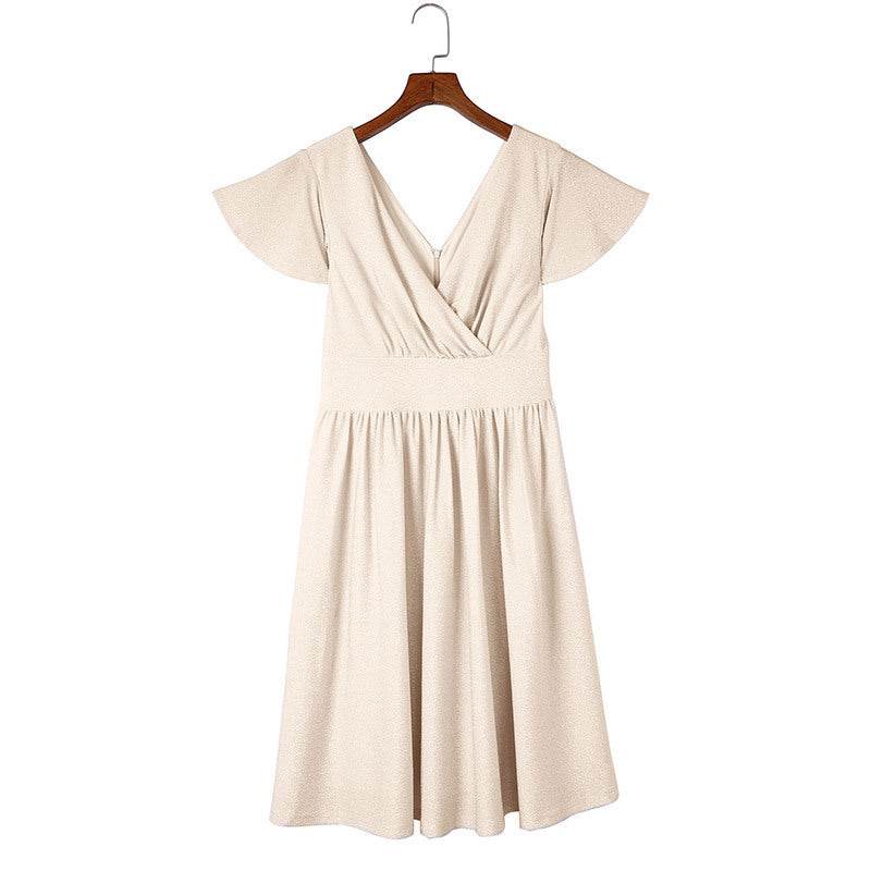 Sexy Deep V-neck Midi Dress for Women - Khaki A-line, Petal Sleeve - Buy Center US