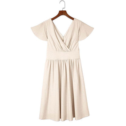 Sexy Deep V-neck Midi Dress for Women - Khaki A-line, Petal Sleeve - Buy Center US