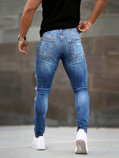 Men's Slim Fit Ripped Jeans - Stretch Denim Casual Streetwear, Blue - Buy Center US