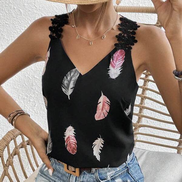 Women's Slimming V-neck Camisole - Feather Pattern Casual Summer Vest - Buy Center US