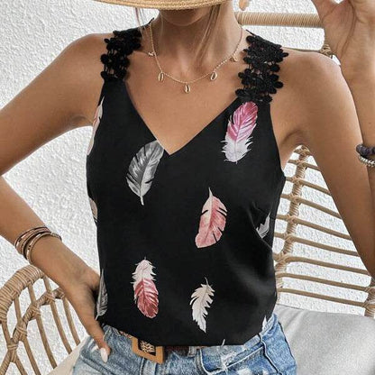 Women's Slimming V-neck Camisole - Feather Pattern Casual Summer Vest - Buy Center US