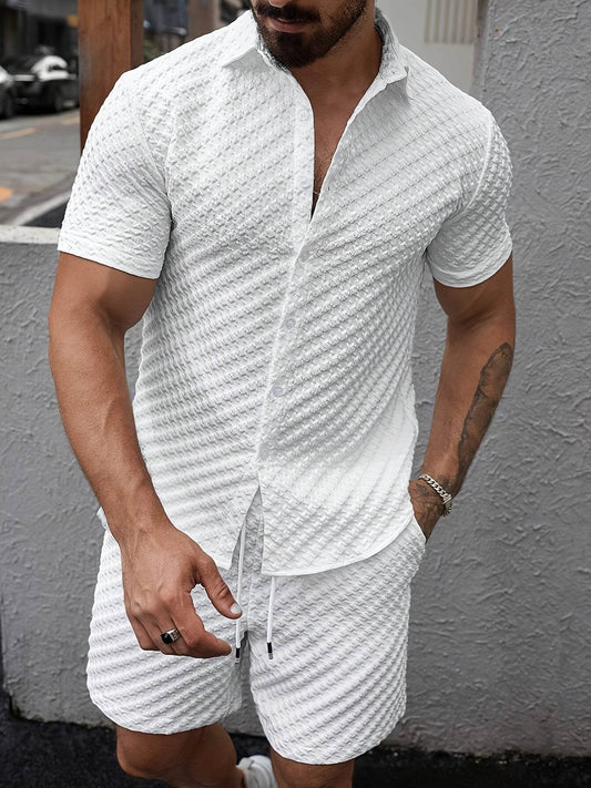 Stylish Men's Houndstooth Cardigan Set - Casual Summer Short-Sleeve Fashion - Buy Center US