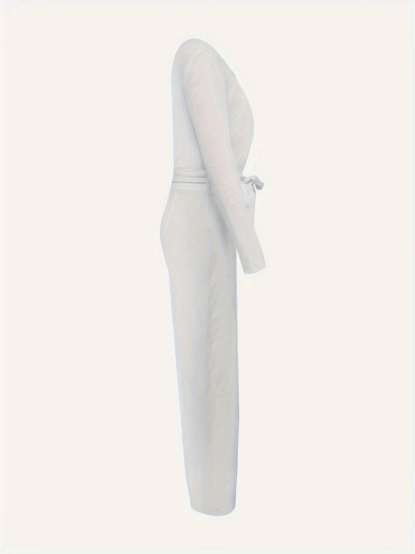 Women's Slimming V-Neck Bow Tie Jumpsuit - Long Sleeves, Casual Style - Buy Center US