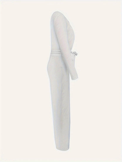 Women's Slimming V-Neck Bow Tie Jumpsuit - Long Sleeves, Casual Style - Buy Center US
