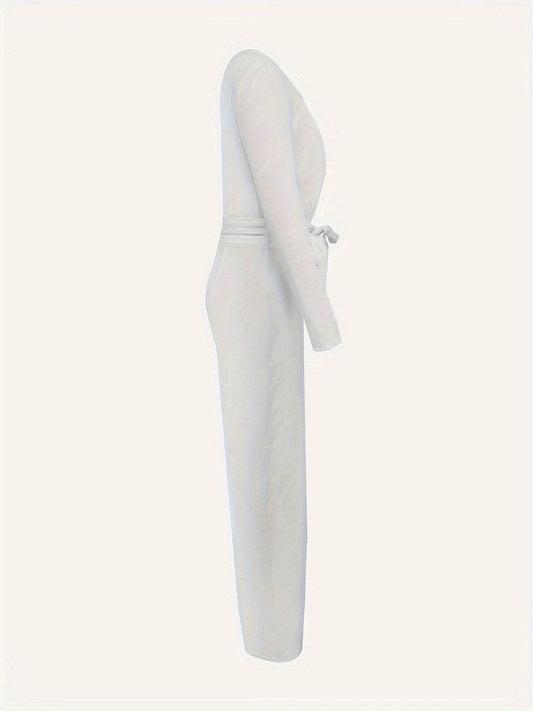 Women's Slimming V-Neck Bow Tie Jumpsuit - Long Sleeves, Casual Style - Buy Center US