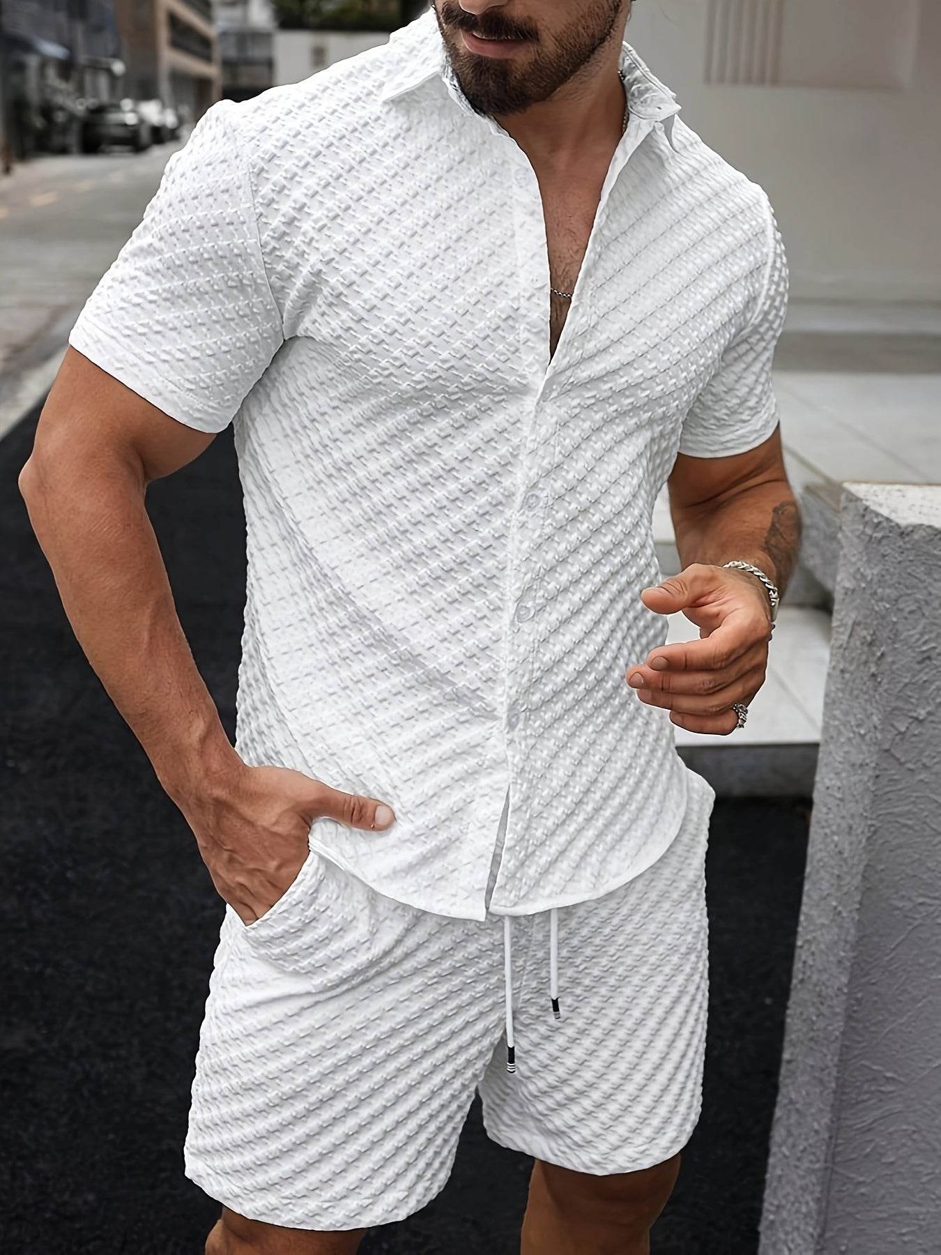 Stylish Men's Houndstooth Cardigan Set - Casual Summer Short-Sleeve Fashion - Buy Center US