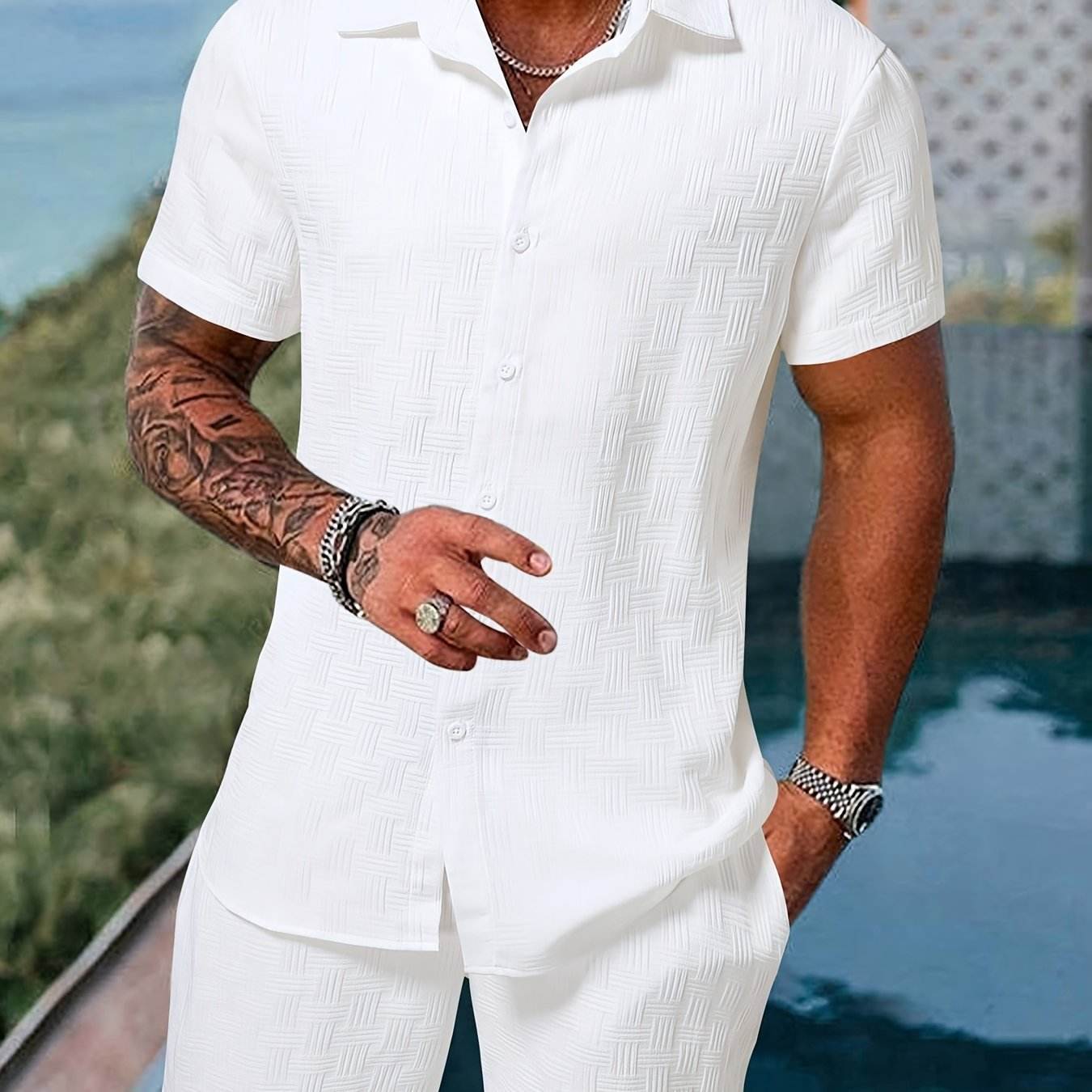 Men's Spring/Summer Striped Two-Piece Suit - Casual Short-Sleeve Shirt & Shorts - Buy Center US