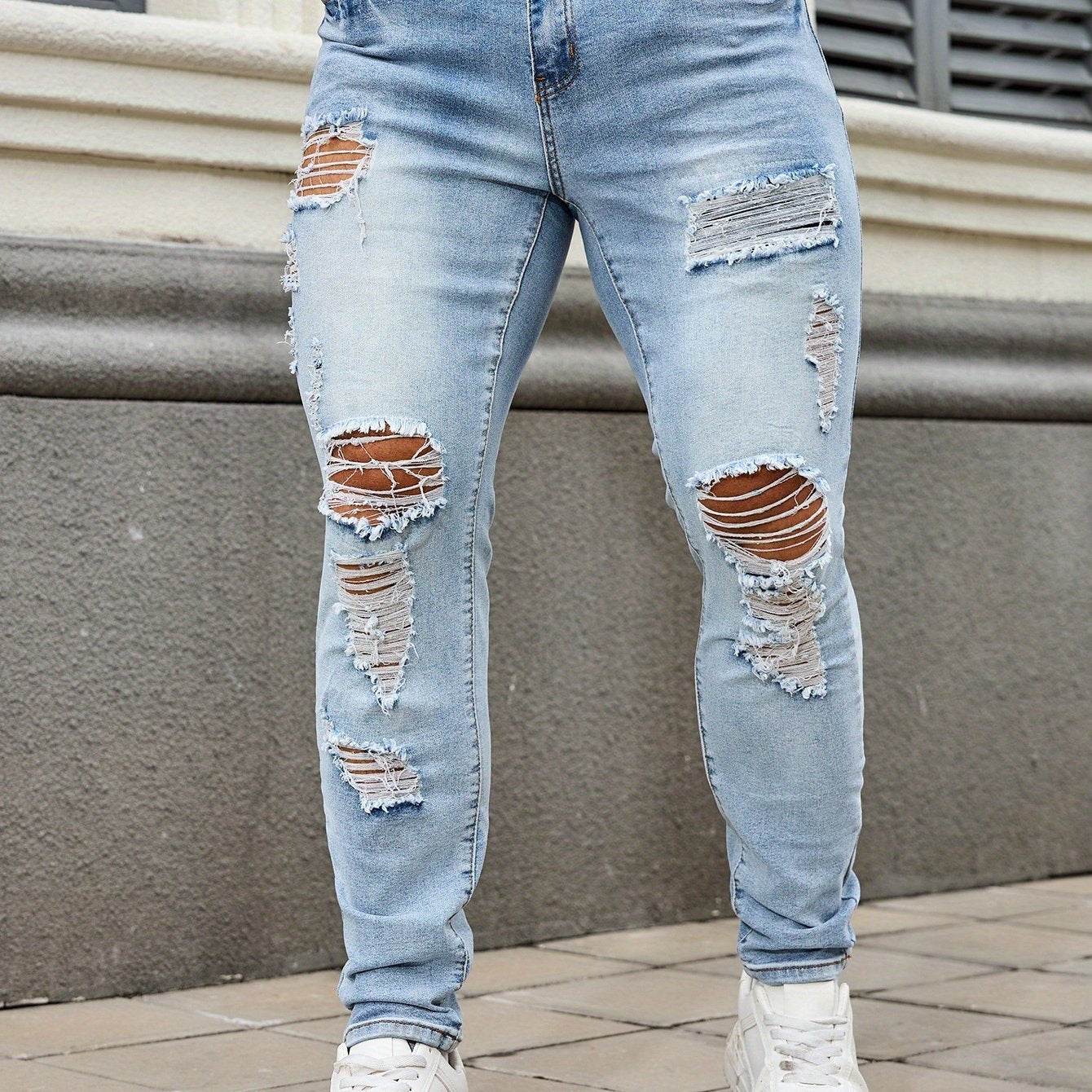 Men's Ripped Skinny Jeans - Casual Denim with Slight Stretch for All Seasons - Buy Center US