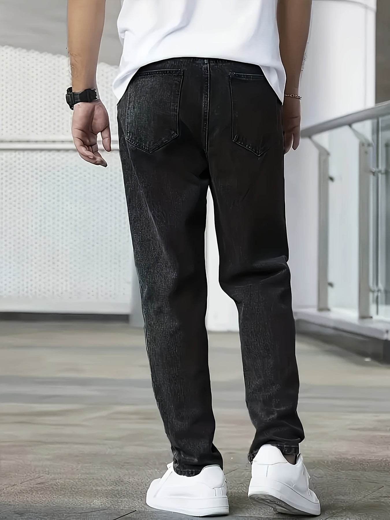 Men's Loose Fit Straight Leg Jeans - Washed Black Cotton Blend, Casual Style - Buy Center US