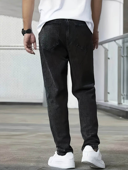 Men's Loose Fit Straight Leg Jeans - Washed Black Cotton Blend, Casual Style - Buy Center US
