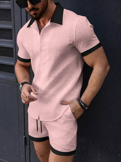 Men's Summer Casual Two-Piece Set - Solid Button Shirt & Drawstring Pants - Buy Center US