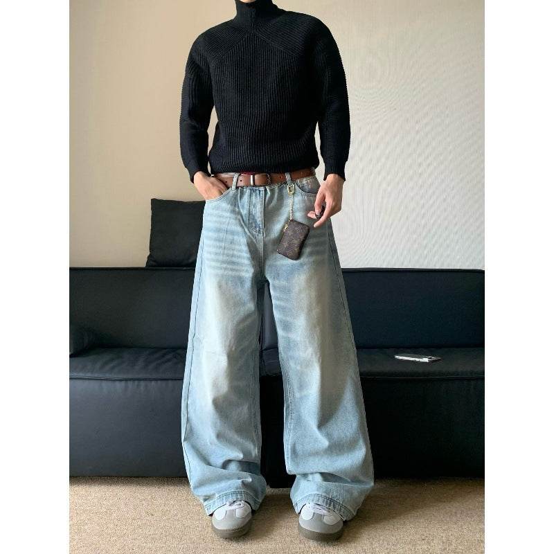 Men's Retro Washed Loose Straight Wide-leg Jeans - Mid Waist Denim - Buy Center US