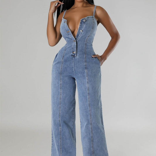 Women's Light Blue Denim Jumpsuit - Fashion Suspenders & Sleeveless Style - Buy Center US