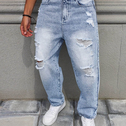 Men's Distressed Blue Denim Harem Pants - Loose Fit, Casual All-Season Wear - Buy Center US