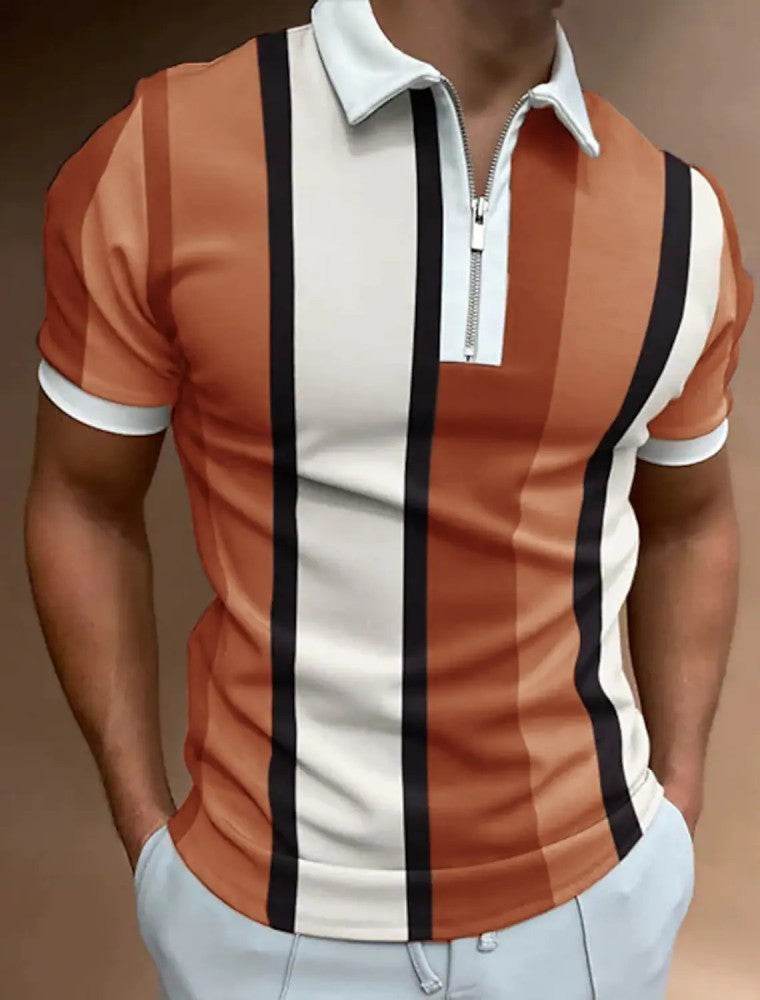 Men's Striped Short-Sleeved Polo Shirt - Slim Fit, Casual Cotton Blend - Buy Center US