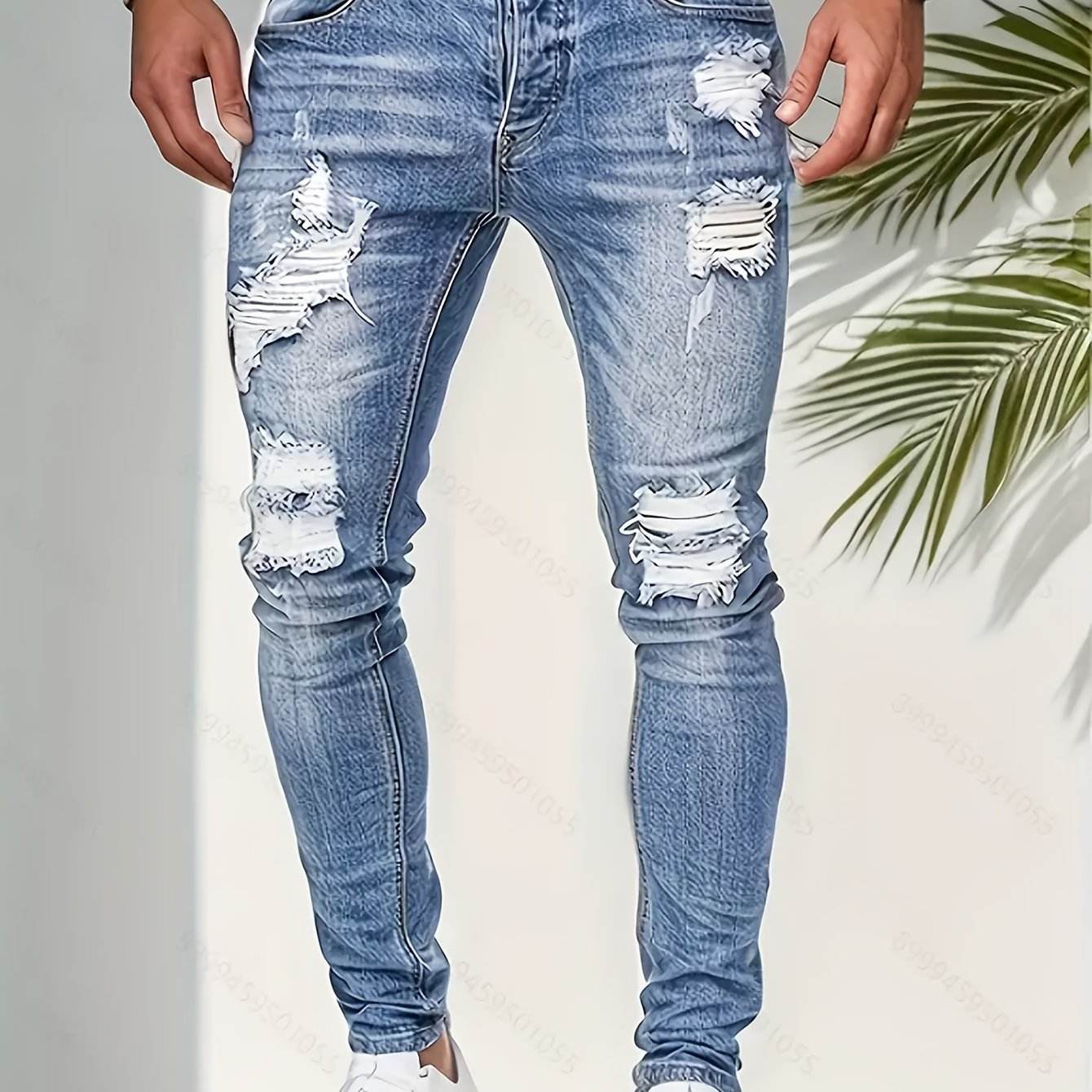 Men’s Distressed Skinny Jeans - Light Blue Ripped Denim, Medium Stretch - Buy Center US